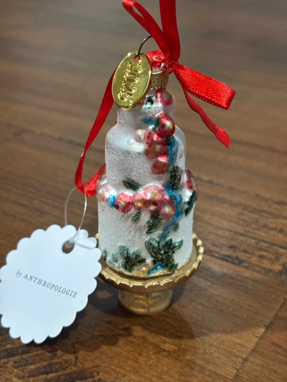 Anthropologie White Floral Glitter Cake Ornament
